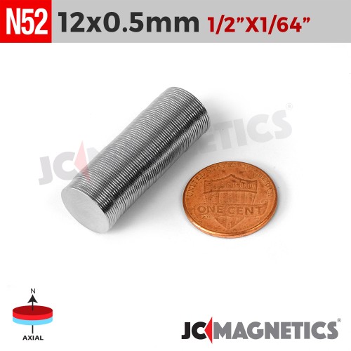 12mm x 0.5mm 1/2in x 1/64in N52 Thin Discs Rare Earth Neodymium Magnet 12x0.5mm