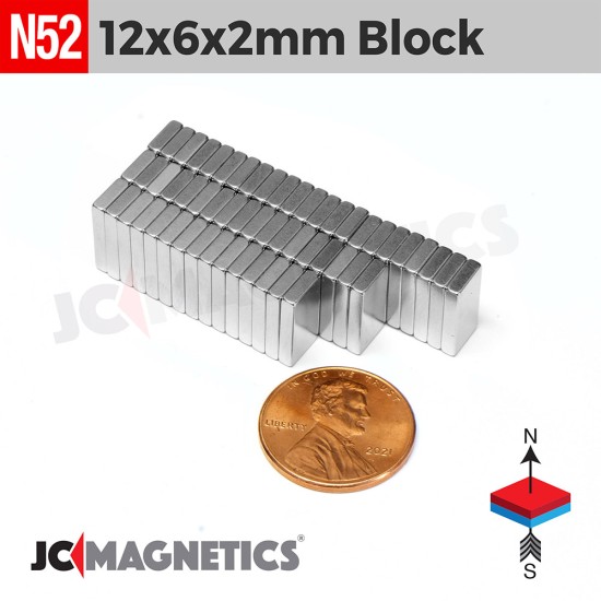 12mm x 6mm x 2mm N52 Block Rare Earth Neodymium Magnet 12x6x2mm