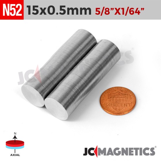 15mm x 0.5mm 19/32in x 1/64in N52 Thin Discs Rare Earth Neodymium Magnet 15x0.5mm
