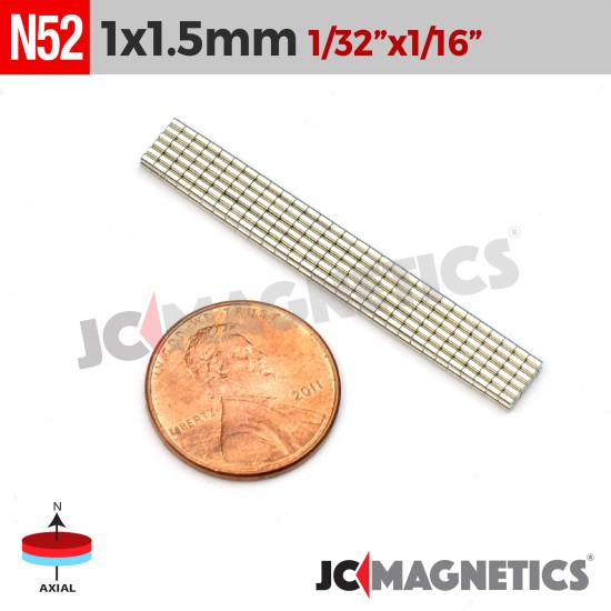 100pcs 1mm x 1.5mm 1/32in x 1/16in N52 Discs Cylinder Rare Earth Neodymium Magnets - 1x1.5mm