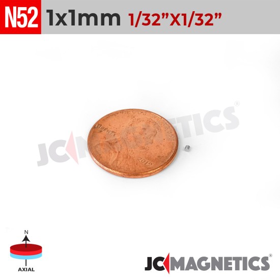 100pcs 1mm x 1mm 1/32in x 1/32in N52  Thin Discs Rare Earth Neodymium Magnets - 1x1mm