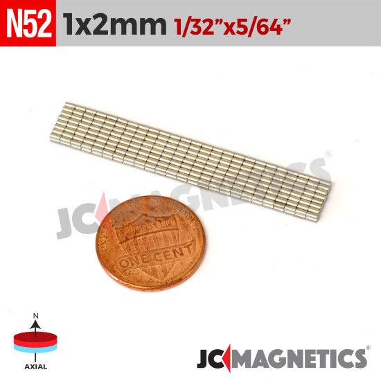 100pcs 1mm x 2mm 1/32in x 1/16in N52 Discs Cylinder Rare Earth Neodymium Magnets 1x2mm