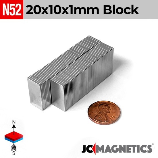 20mm x 10mm x 1mm N52 Block Rare Earth Neodymium Magnet 20x10x1mm