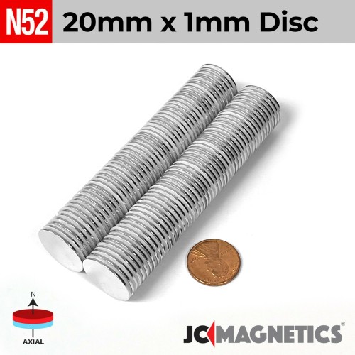 20mm x 1mm 25/32in x 1/32in N52 Discs Rare Earth Neodymium Magnet 20x1mm
