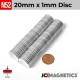 20mm x 1mm 25/32in x 1/32in N52 Discs Rare Earth Neodymium Magnet 20x1mm