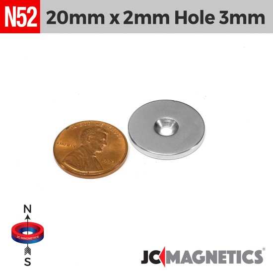 20mm x 2mm x Hole 3mm N52 Countersunk Ring Rare Earth Neodymium Magnet 