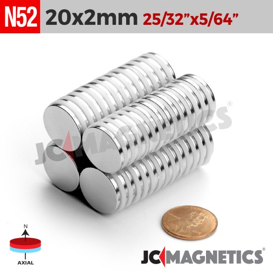 20mm x 2mm 25/32in x 5/64in N52 Discs Rare Earth Neodymium Magnet 20x2mm