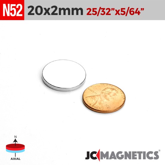 20mm x 2mm 25/32in x 5/64in N52 Discs Rare Earth Neodymium Magnet 20x2mm