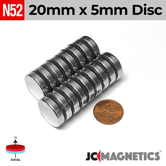 20mm x 5mm 25/32in x 13/64in N52 Discs Rare Earth Neodymium Magnet 20x5mm