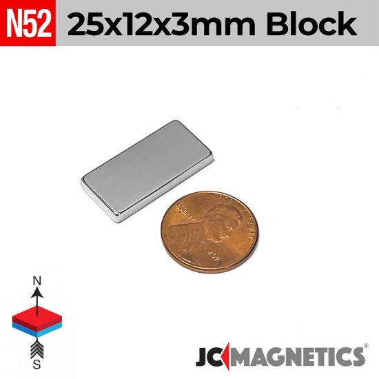 25mm x 12mm x 3mm N52 Block Rare Earth Neodymium Magnet 25x12x3mm