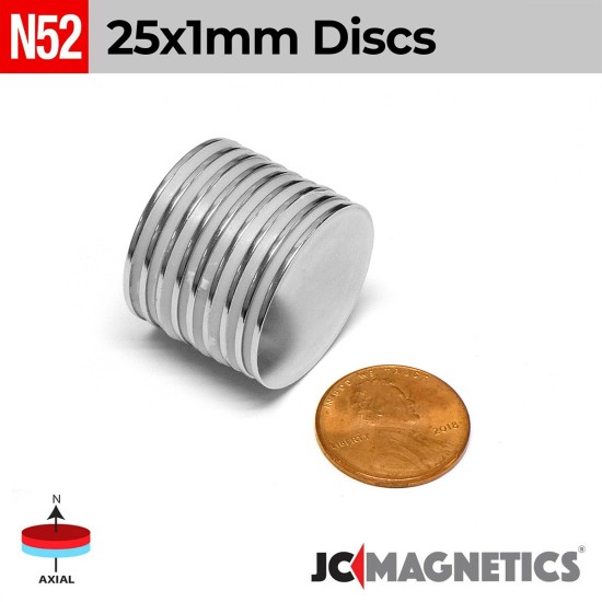 25mm x 1mm 63/64in x 1/32in N52 Discs Rare Earth Neodymium Magnet 25x1mm