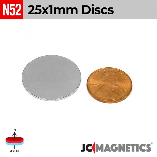 25mm x 1mm 63/64in x 1/32in N52 Discs Rare Earth Neodymium Magnet 25x1mm