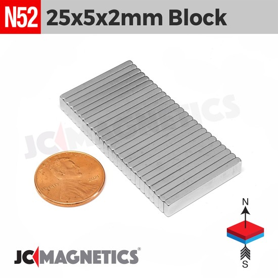 25mm x 5mm x 2mm N52 Block Rare Earth Neodymium Magnet 25x5x2mm
