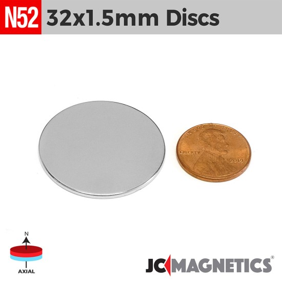 32mm x 1.5mm - 1.26in x 1/16in N52 Round Discs Rare Earth Neodymium Magnet 32x1.5mm