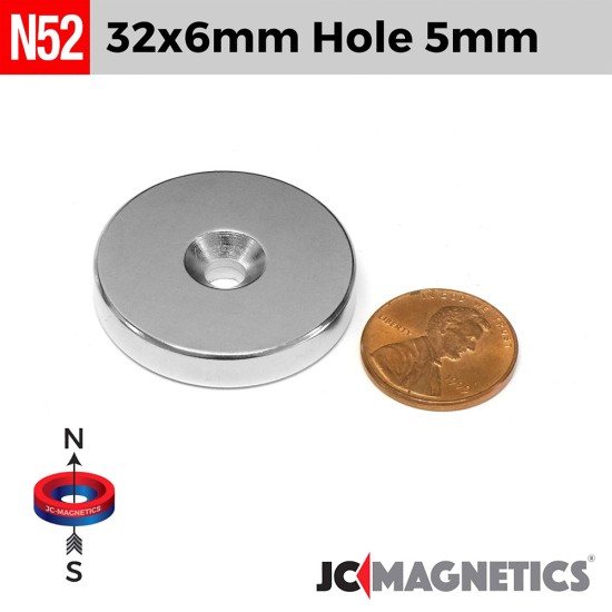 32mm x 6mm x Hole 5mm N52 Countersunk Rare Earth Neodymium Magnet Rings