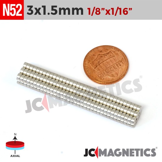 100pcs 3mm x 1.5mm 1/8in x 1/15in N52 Disc Rare Earth Neodymium Magnets 3x1.5mm