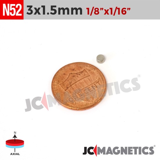 100pcs 3mm x 1.5mm 1/8in x 1/15in N52 Disc Rare Earth Neodymium Magnets 3x1.5mm