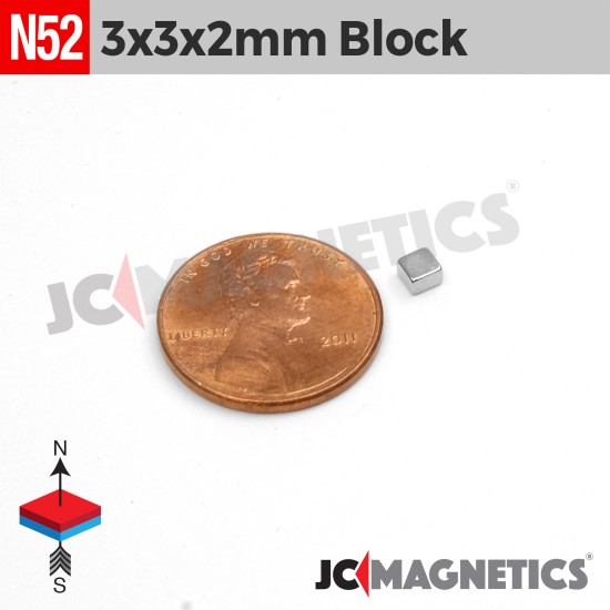 3mm x 3mm x 2mm 1/8in x 1/8in x 5/64in N52 Rare Earth Neodymium Square Magnet Block 3x3x2mm