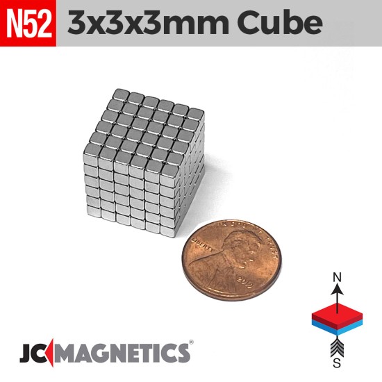 3mm x 3mm x 3mm N52 Cube Rare Earth Neodymium Magnet Blocks 3x3x3mm