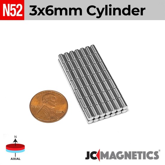 3mm x 6mm 1/8in x 15/64in N52 Cylinder Rare Earth Neodymium Magnet 3x6mm