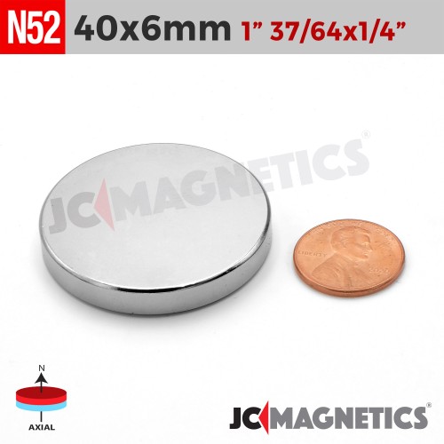 40mm x 6mm 1 37/64in x 1/4in N52 Discs Rare Earth Neodymium Magnet 