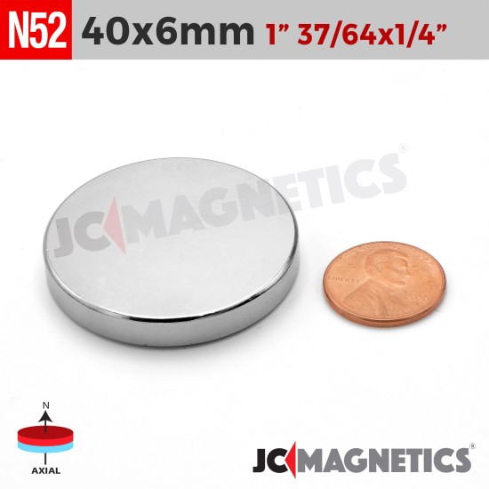 40mm x 6mm 1.57in x 0.236in N52 Discs Rare Earth Neodymium Magnet 40x6mm