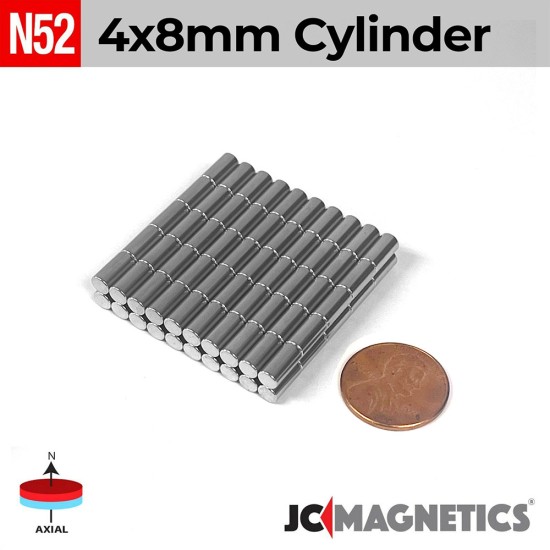 4mm x 8mm 5/32in x 5/16in N52 Cylinder Rare Earth Neodymium Magnet 4x8mm