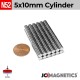 5mm x 10mm 13/64in x 25/64in N52 Cylinder Rare Earth Neodymium Magnet 5x10mm