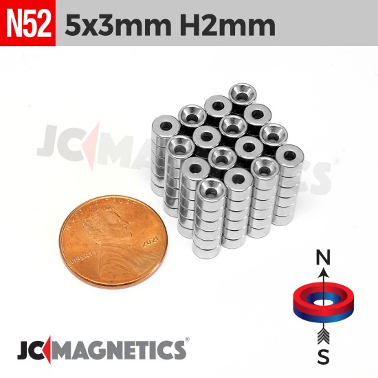 5mm x 3mm Hole 2mm N52 Countersunk Ring Rare Earth Neodymium Magnet 
