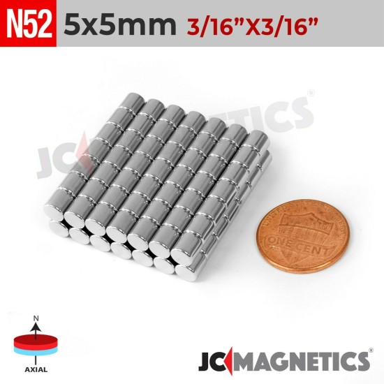 5mm x 5mm 13/64in x 13/64in N52 Discs Cylinder Rare Earth Neodymium Magnet 5x5mm