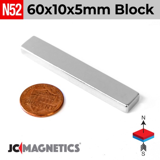60mm x 10mm x 5mm N52 Block Rare Earth Neodymium Magnet 60x10x5mm
