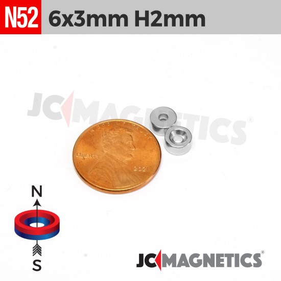 6mm x 3mm Hole 2mm N52 Countersunk Ring Rare Earth Neodymium Magnet 