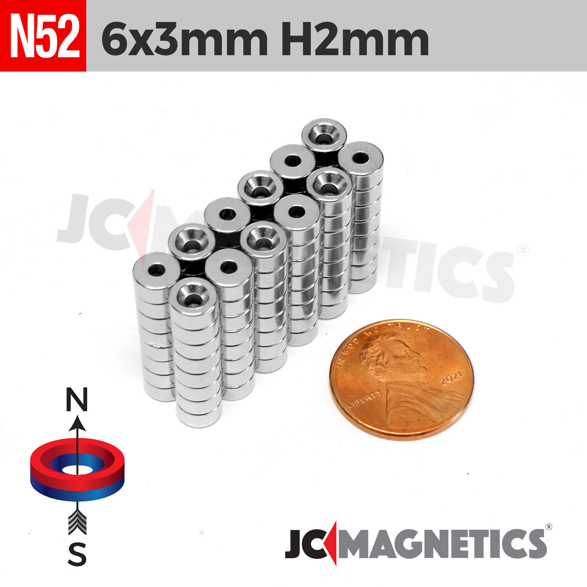 6mm diameter x 3mm thickness, hole 2mm (approx. 1/5in x 1/8in hole
