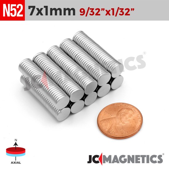 7mm X 1mm N52 neodymium thin magnets round discs 9/32in x 1/32in