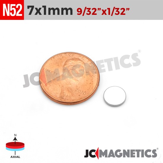 7mm x 1mm 9/32in x 1/32in N52 Thin Discs Rare Earth Neodymium Magnet 7x1mm