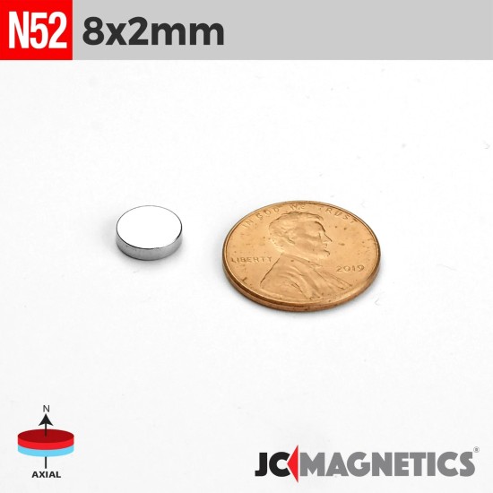 8mm x 2mm 5/16in x 5/64in N52 Discs Rare Earth Neodymium Magnet 8x2mm