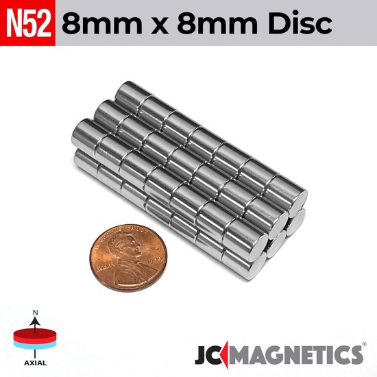8mm x 8mm 5/16in x 5/16in N52 Cylinders Discs Rare Earth Neodymium Magnet 8x8mm
