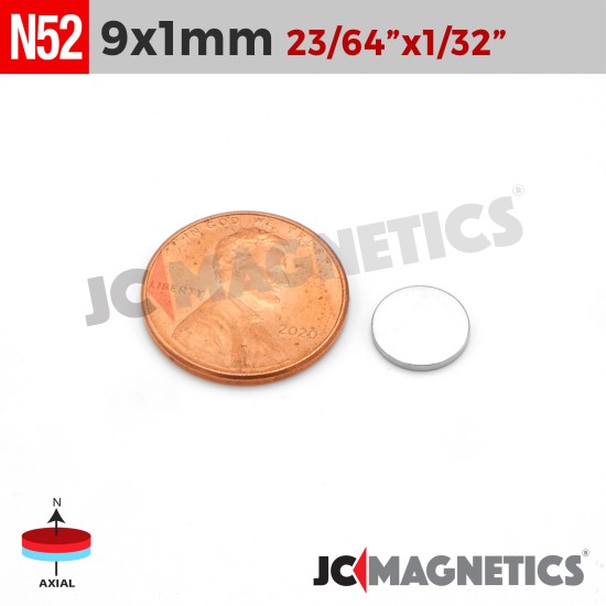9mm x 1mm 23/64in x 1/32in N52 Thin Discs Rare Earth Neodymium Magnet 9x1mm