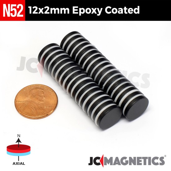 100pcs 12mm x 2mm 15/32in x 5/64in N52 Epoxy Coated Discs Rare Earth Neodymium Magnet 12x2mm