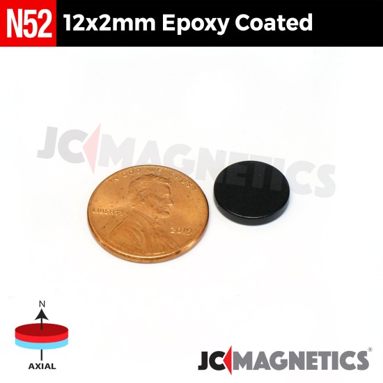 12mm x 2mm 15/32in x 5/64in N52 Epoxy Coated Discs Rare Earth Neodymium Magnet 12x2mm