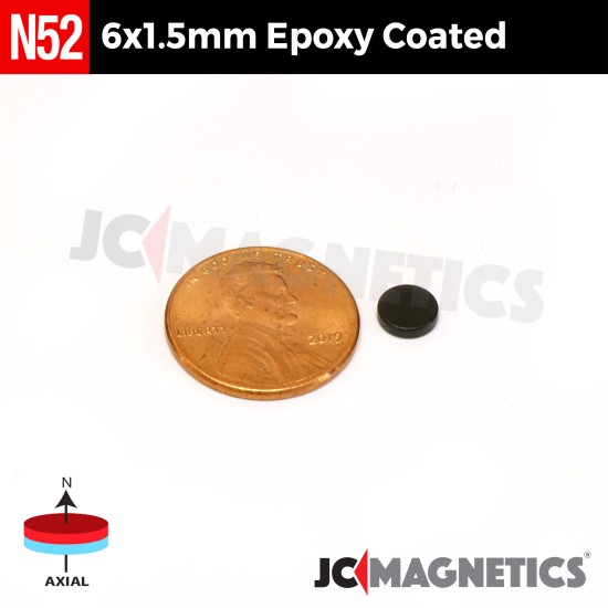 6mm x 1.5mm 15/64in x 1/16in N52 Epoxy Coated Discs Rare Earth Neodymium Magnet 6x1.5mm