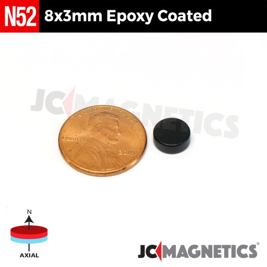 8mm x 3mm 5/16in x 1/8in N52 Epoxy Coated Discs Rare Earth Neodymium Magnet 8x3mm