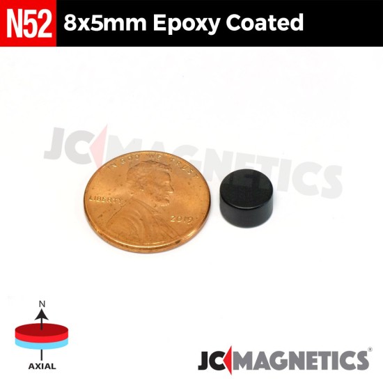 8mm x 5mm 5/16in x 13/64in N52 Epoxy Coated Discs Rare Earth Neodymium Magnet 8x5mm