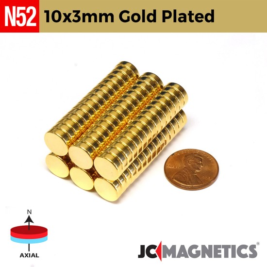 10mm x 3mm 25/64in x 1/8in N52 Gold Plated Discs Rare Earth Neodymium Magnet 10x3mm