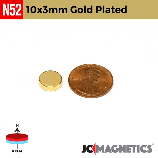 10mm x 3mm 25/64in x 1/8in N52 Gold Plated Discs Rare Earth Neodymium Magnet 10x3mm