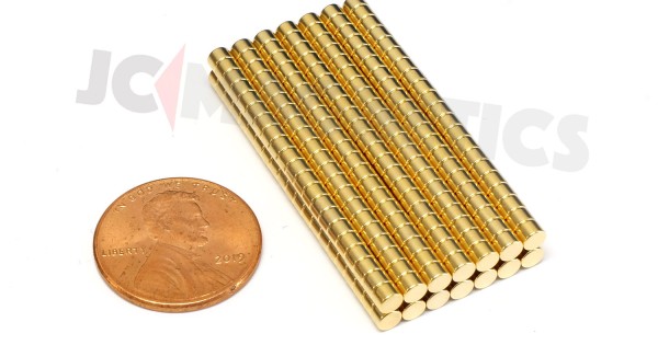 3mm dia x 2mm thick N42 Neodymium Magnets - Gold Plated