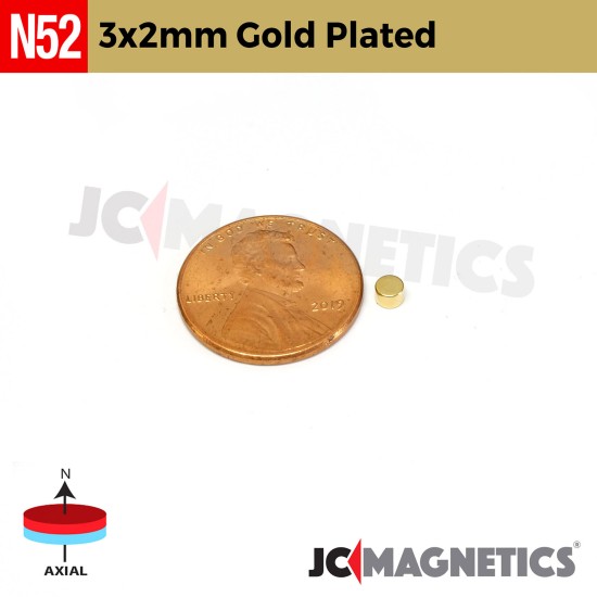 3mm x 2mm 1/8in x 5/64in N52 Gold Plated Disc Rare Earth Neodymium Magnets 3x2mm