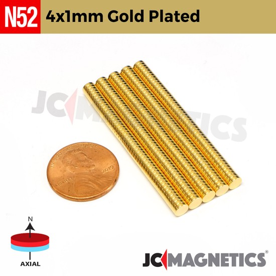 100pcs 4mm x 1mm 5/32" x 1/32" N52 Gold Plated Thin Discs Rare Earth Neodymium Magnets 4x1mm