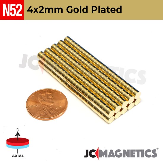 4mm x 2mm 5/32"x5/64" N52 Gold Plated Rare Earth Neodymium Magnet Discs 4x2mm