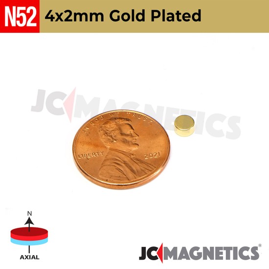 4mm x 2mm 5/32"x5/64" N52 Gold Plated Rare Earth Neodymium Magnet Discs 4x2mm